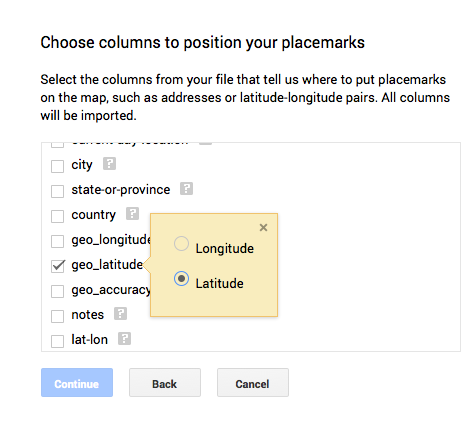 Indicate columns with geocoordinates