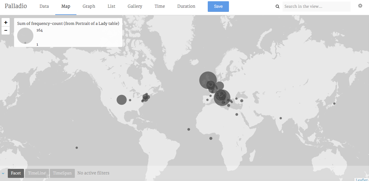 Screen capture of Palladio with points sized by mention frequency