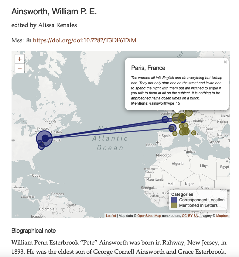 Locations of correspondents and places mentioned in correspondence associated with Captain Ainsworth